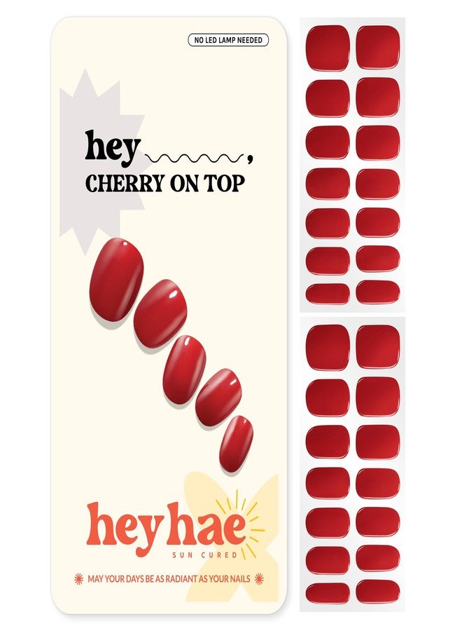 Heyhae Semi Cured Gel Nail Strips | No LED Lamp Needed | Solid, Red | Easy Apply & Remove, Salon Quality | Includes 28 Strips, 1 Prep Pads, Nail File & Wooden stick - Hey, Cherry on Top - Image 1